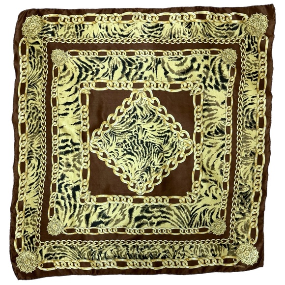 Vintage Bill Blass Silk Scarf – Brown Gold Chain & Animal Print - Picture 4 of 7